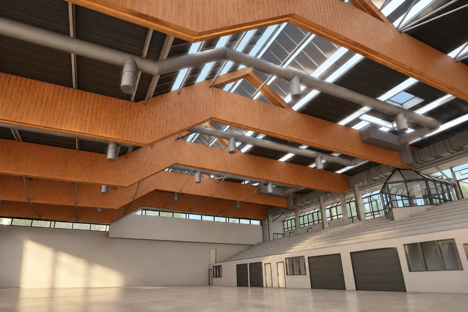 3D-Bestandsmodell einer Halle mit Dachtragwerk, Lüftungstechnik und Oberlichtern