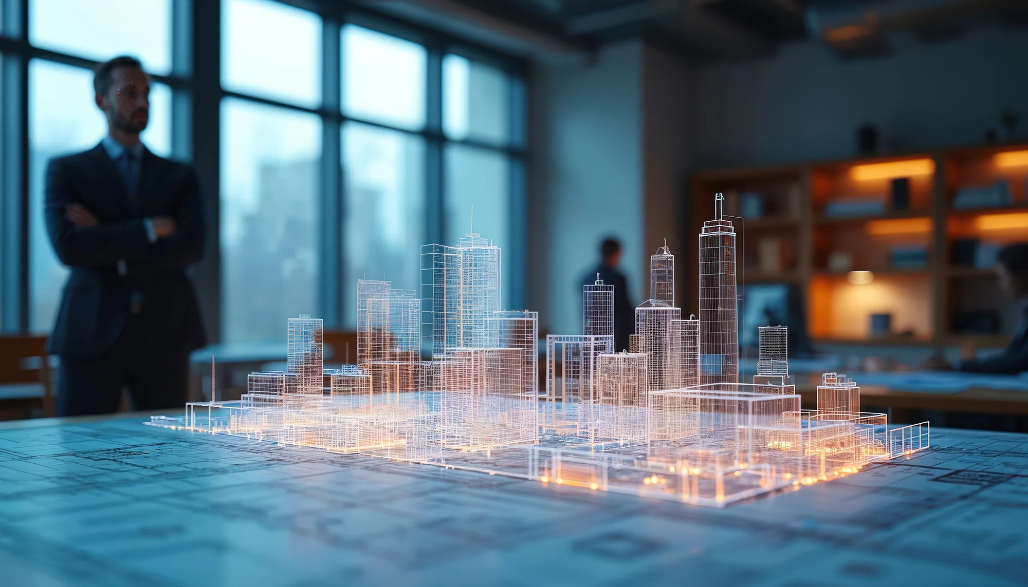 Digitales 3D-Gebäudemodell als leuchtendes Drahtgittermodell auf einem Bauplan im Büro